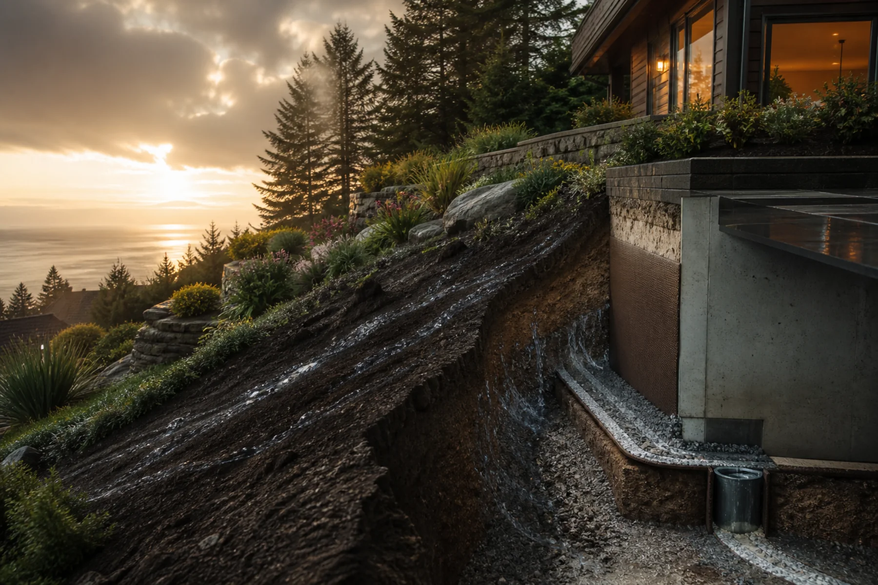 White Rock home with a cutaway view of its perimeter drainage and foundation water-control system