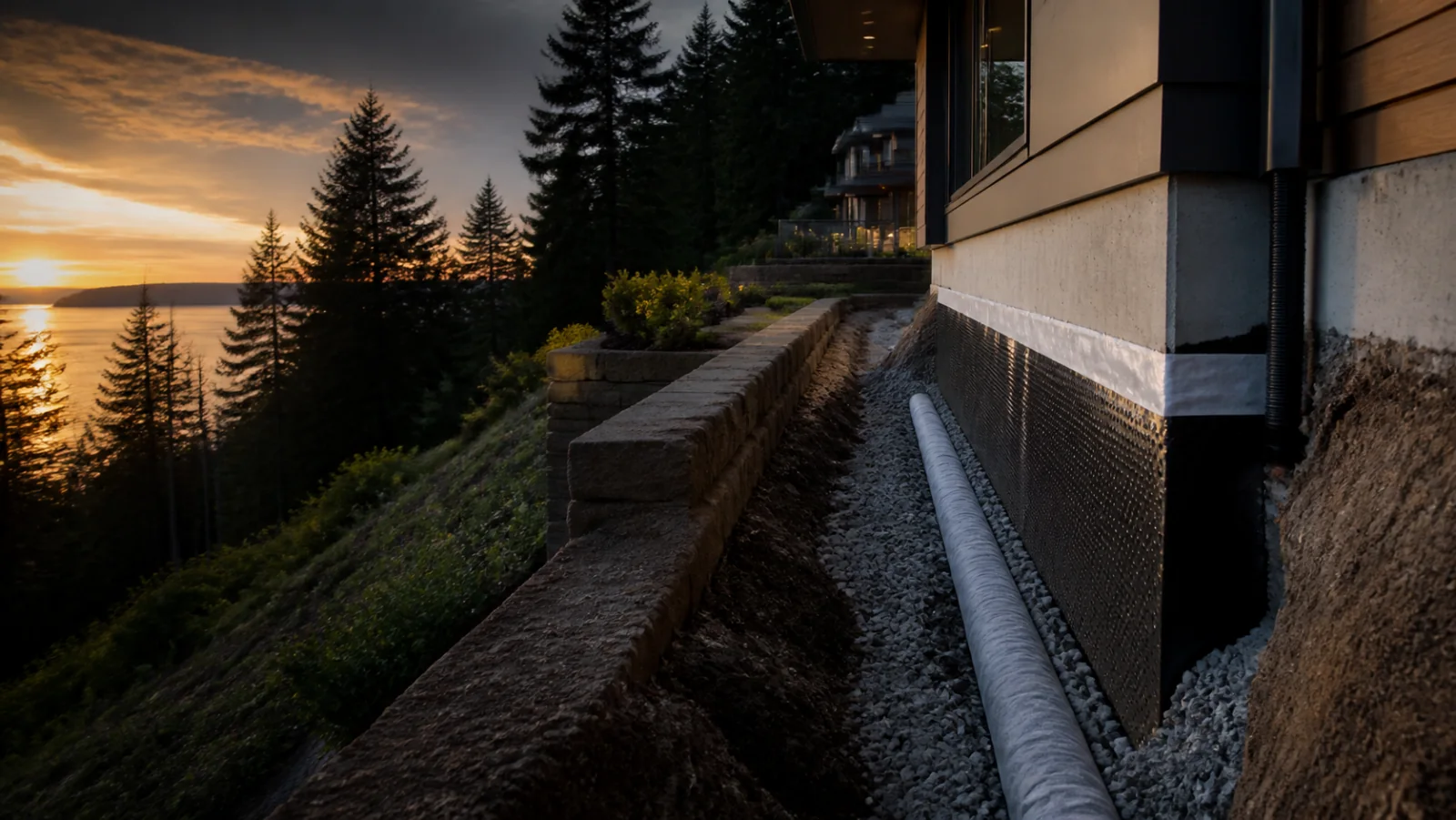 Planning visualization of protected pipe, gravel, and controlled discharge beside a hillside home